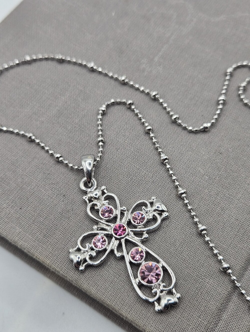 Silver Tone Cross Necklace Maltese Cross Pink CZ Crystals McBling Y2k 18" Hearts